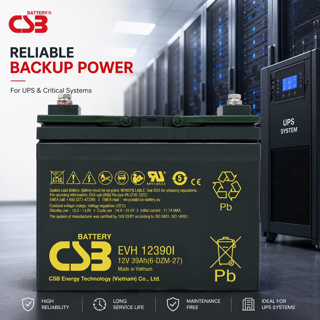 CSB EVH 12150 F2 12V 15Ah 高循環密閉式鉛酸蓄電池