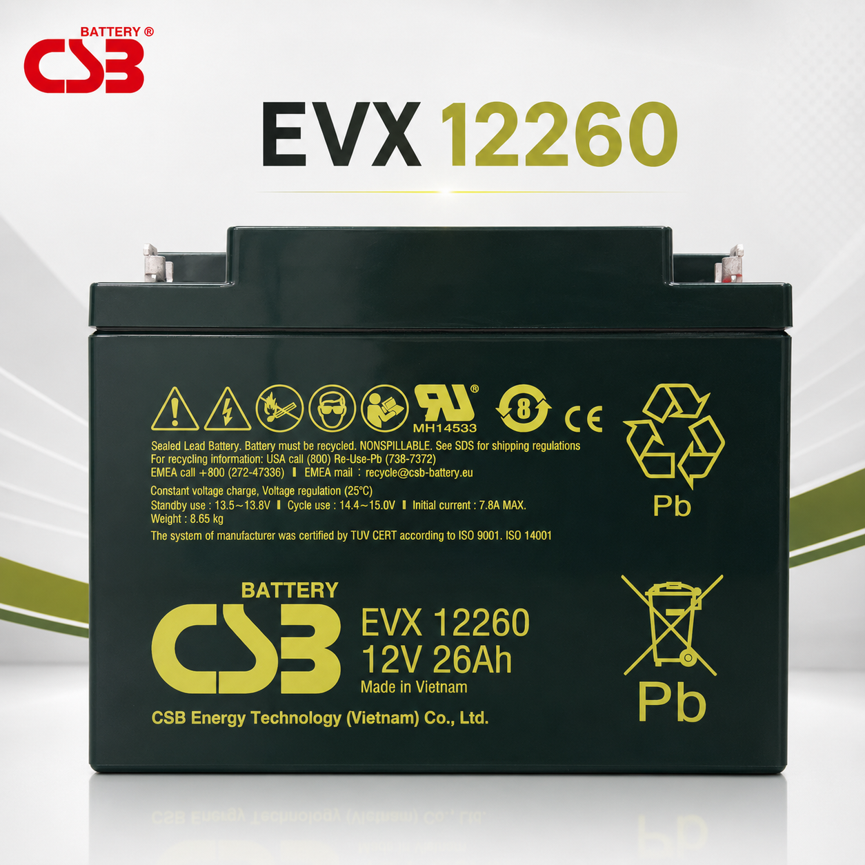 CSB EVX 12260 12V 26Ah 電動車專用高效能深循環AGM蓄電池