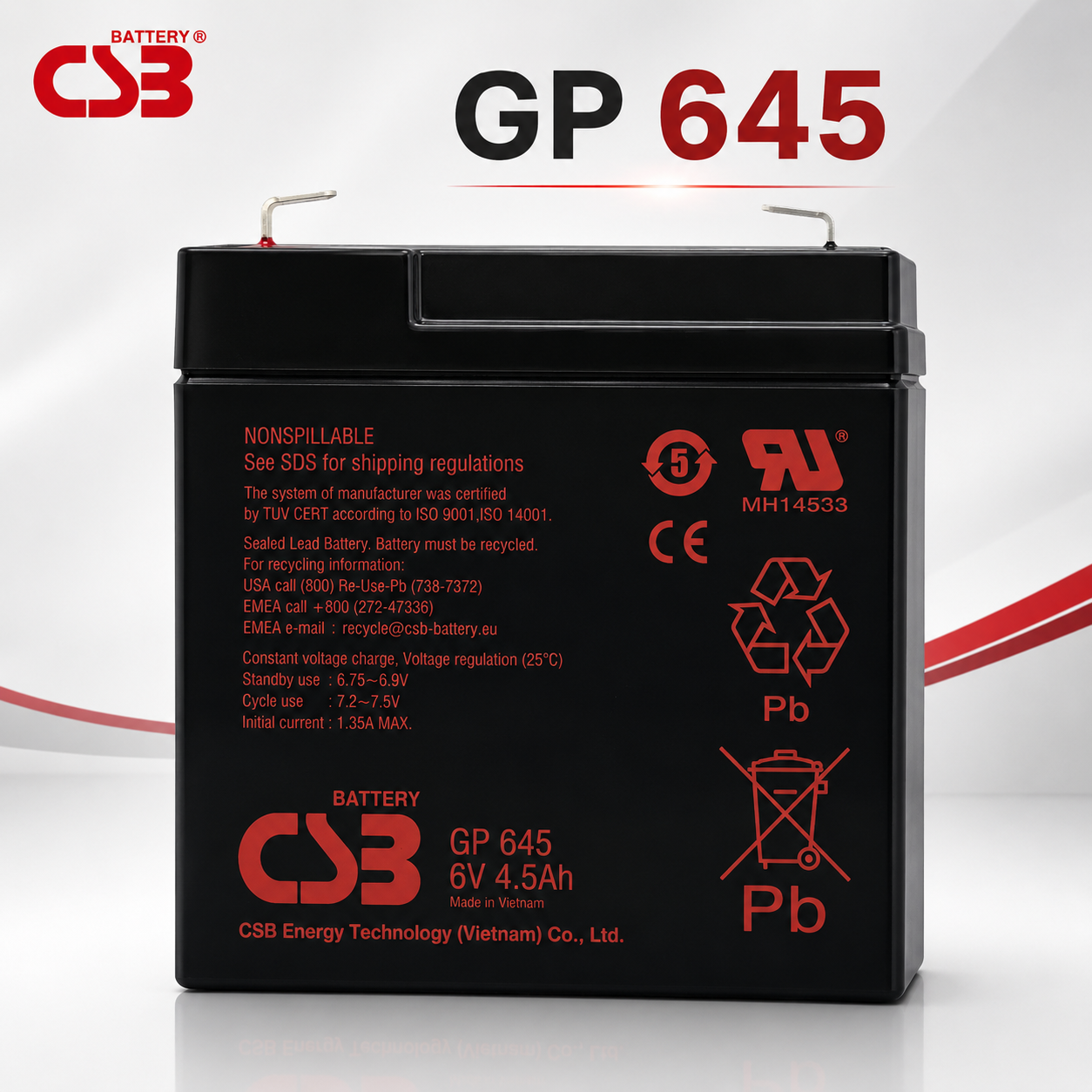 CSB GP 645 6V 4.5Ah 通用小容量免維護密閉式AGM蓄電池