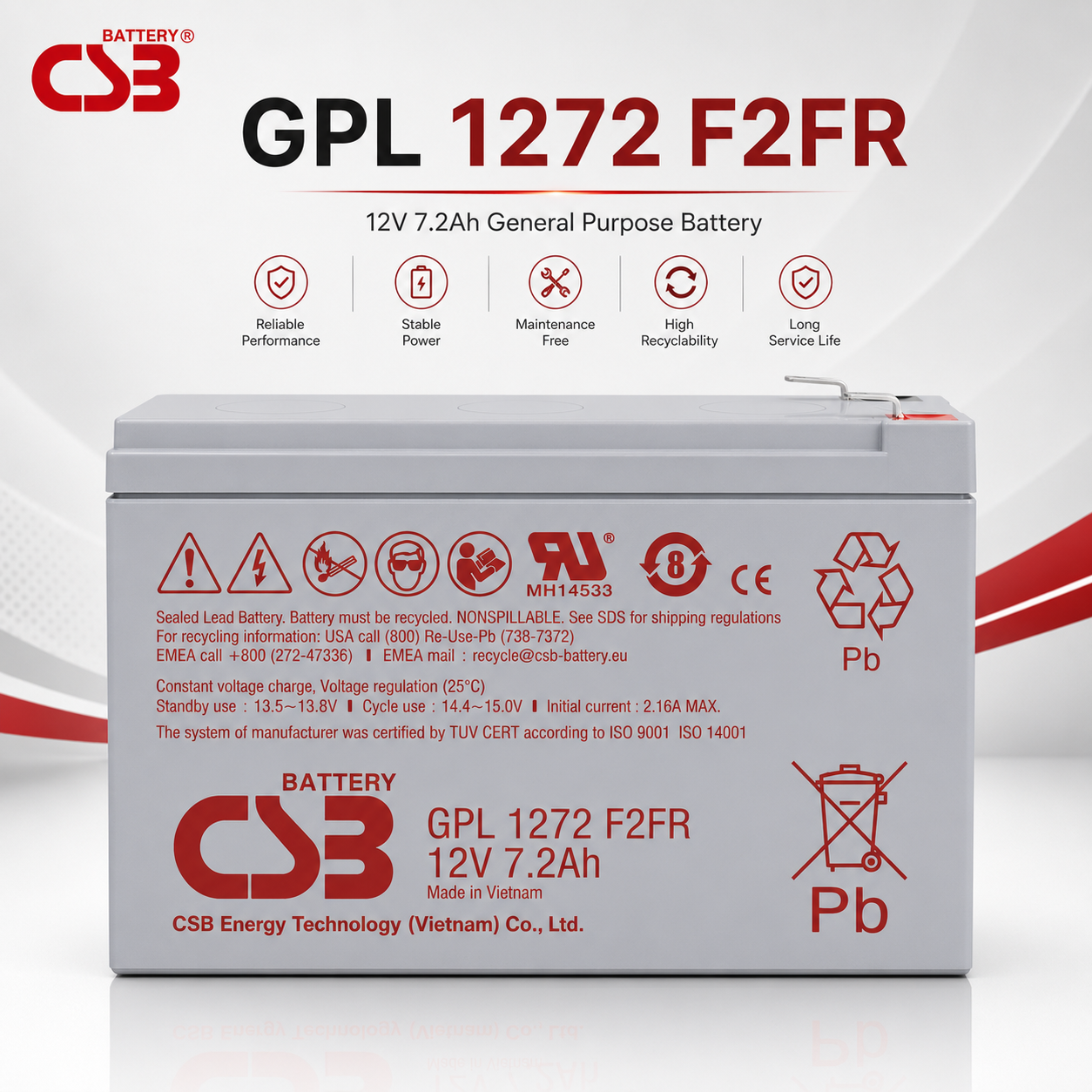 CSB GPL 1272 F2FR 12V 7.2Ah 長壽命阻燃免維護密閉AGM蓄電池