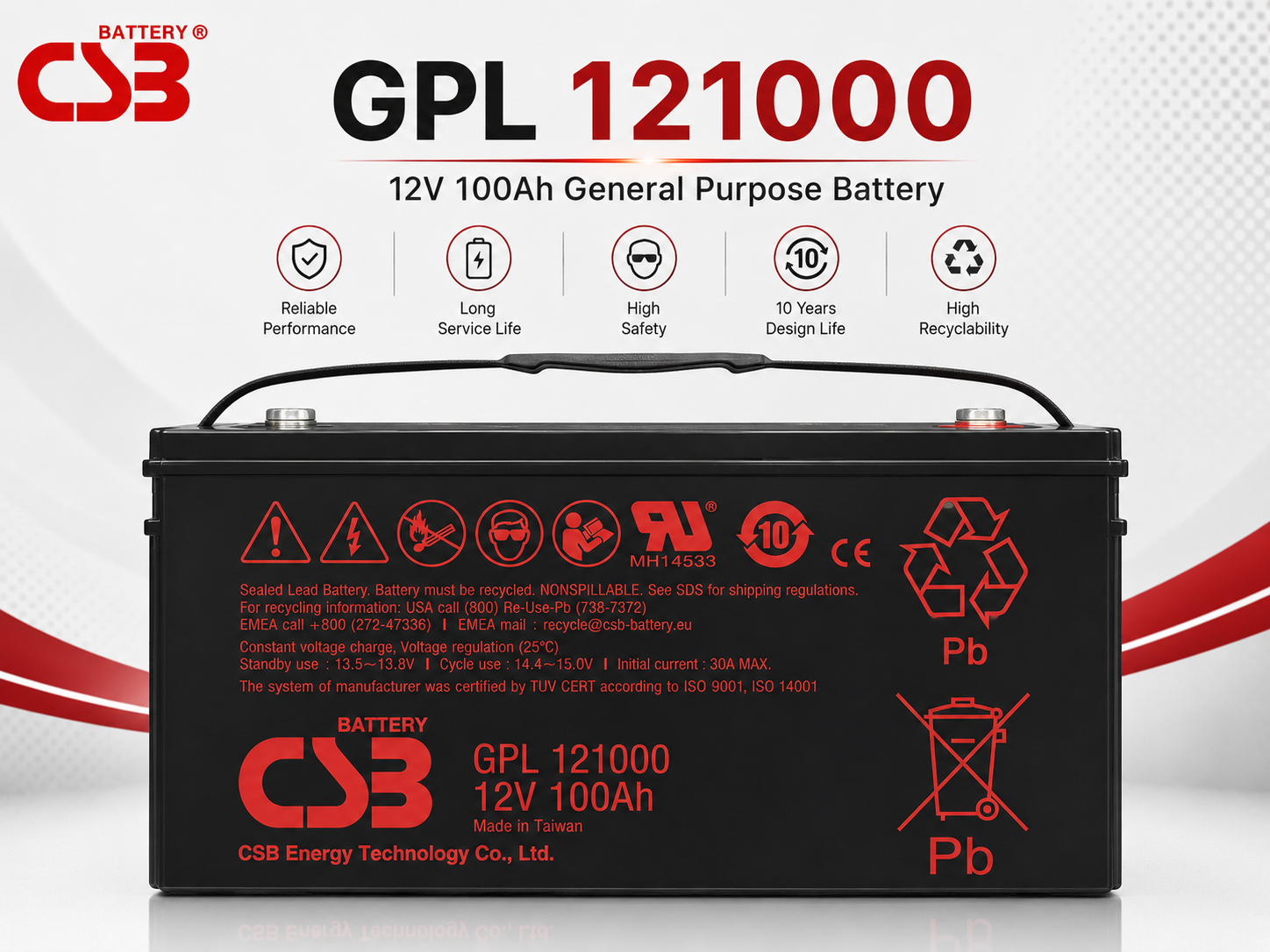 CSB GPL 121000 12V 100Ah 高容量長壽命密閉式AGM蓄電池