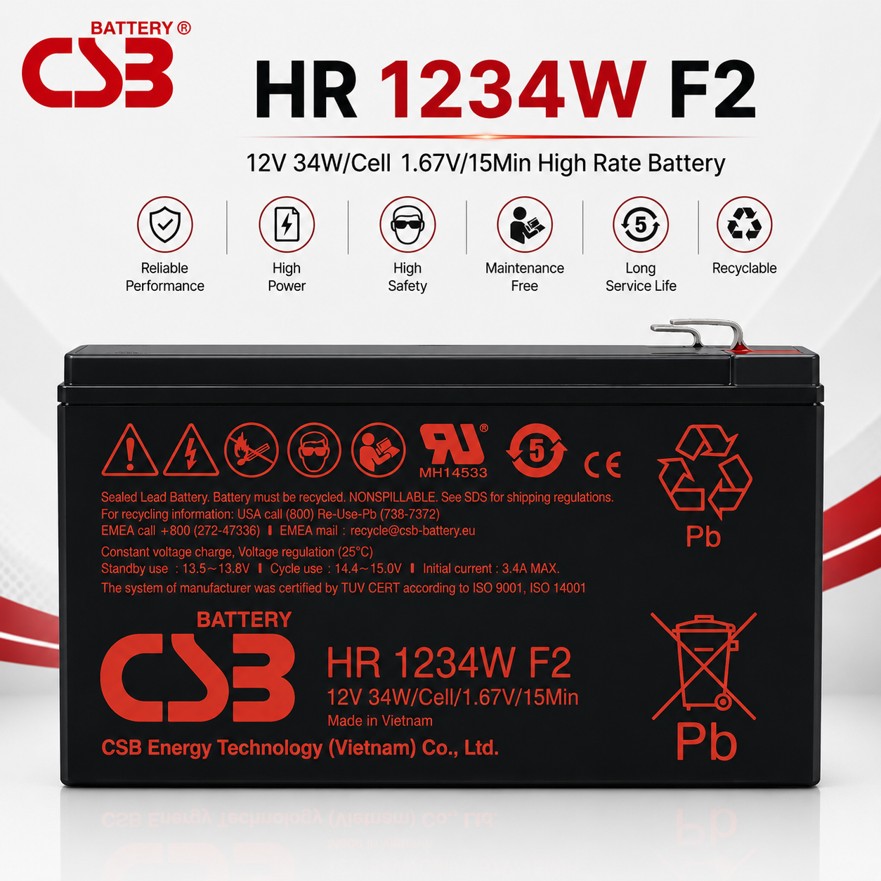CSB HR 1234W F2 12V 34W 高率放電型免維護密閉AGM蓄電池