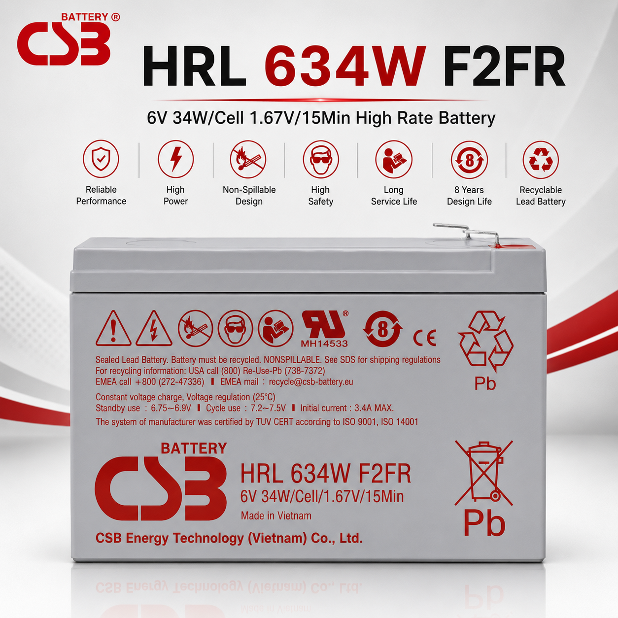 CSB HRL 634W F2FR 6V 34W 高率長壽命防火免維護AGM蓄電池