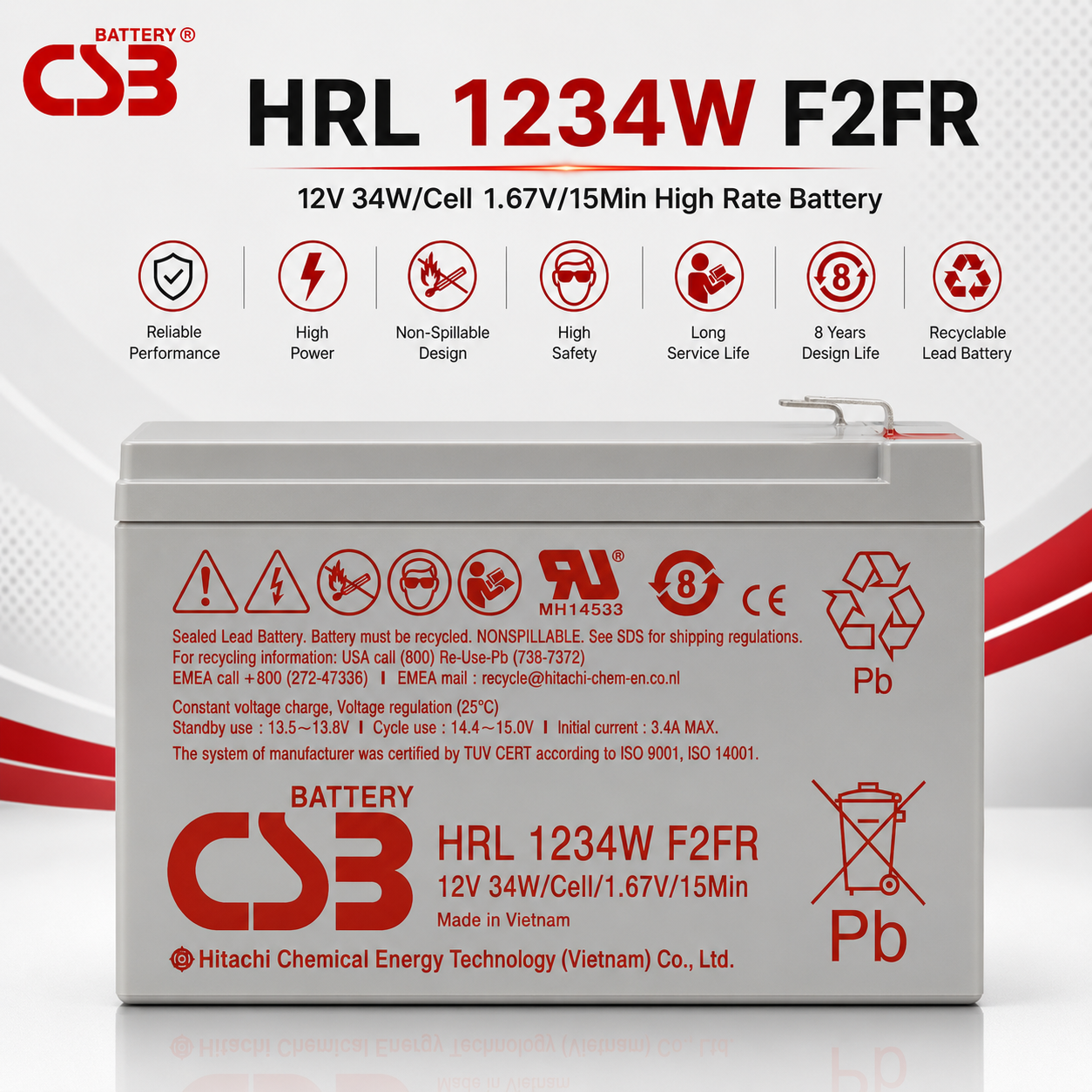 CSB HRL 634W F2FR 6V 34W 高率長壽命防火免維護AGM蓄電池